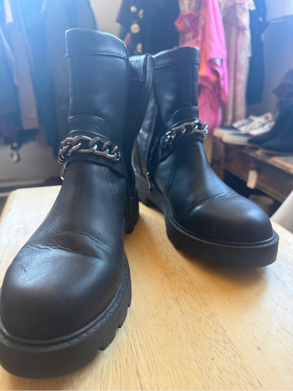 XOXO Black Leather Combat Boots with Silver Chain Detail